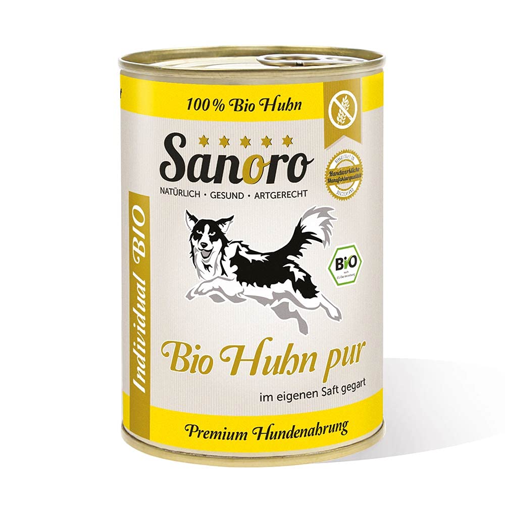 Sanoro Bio-Huhn pur mit Leber, 100% Bio-Huhn, salzfrei - Hundefutter in Bio-Qualität - singleprotein - für Ausschlußdiäten geeignet (12 x 400 g)