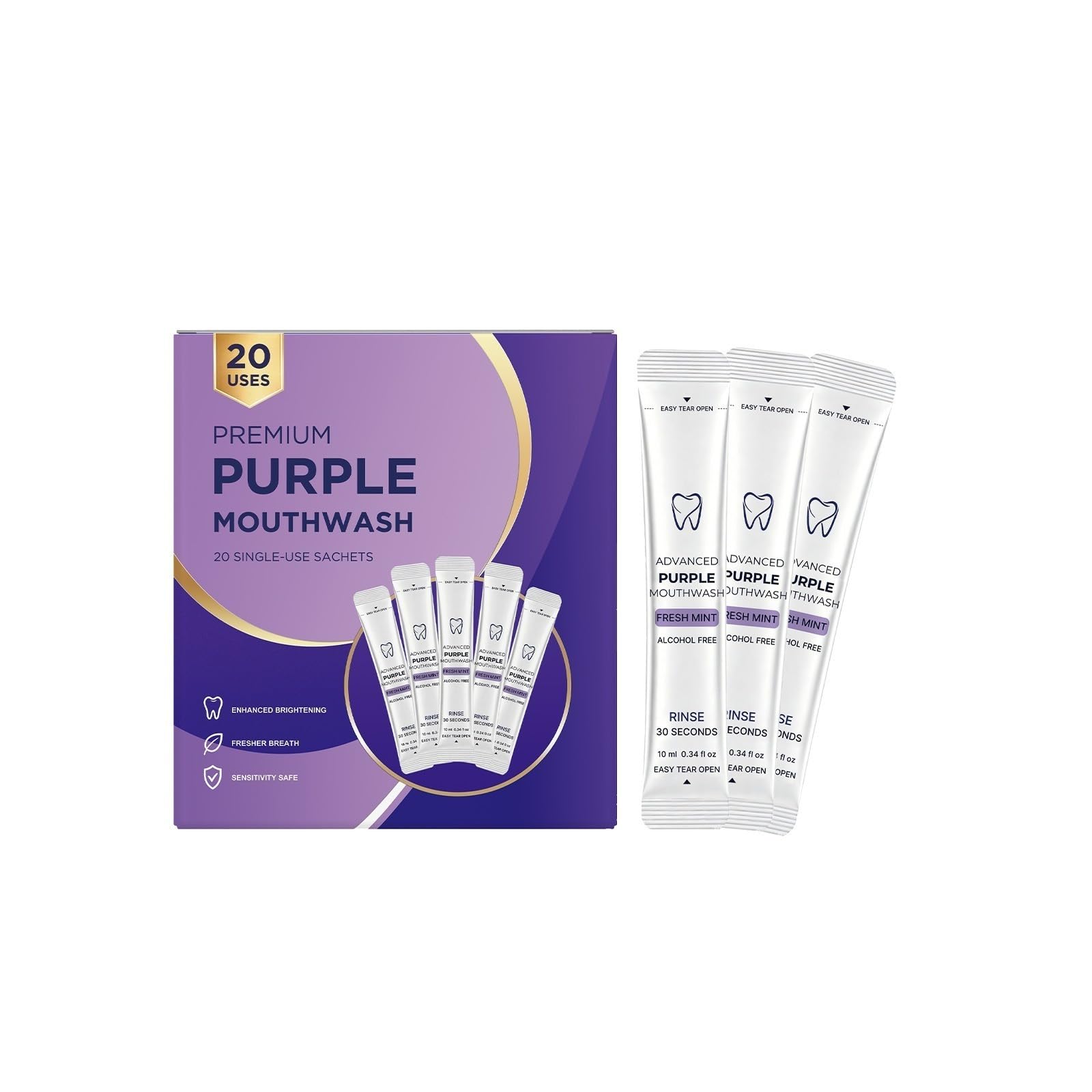 Pojedyncze zastosowanie Purple Mouthwash Sachets, fioletowe pranie, świeże oddech | Alkohol Free Mint Travel Mouth Wash do rozjaśniania zębów, przenośny płukanie ust do codziennego użytku