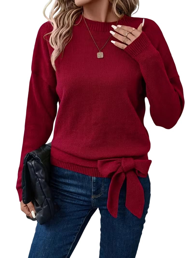 Womens Knit Sweater with Tie Front Detail Solid Color Long Sleeve Crew Neck Casual Ribbed Pullover