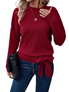 Womens Knit Sweater with Tie Front Detail Solid Color Long Sleeve Crew Neck Casual Ribbed Pullover