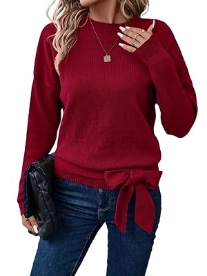 Womens Knit Sweater with Tie Front Detail Solid Color Long Sleeve Crew Neck Casual Ribbed Pullover