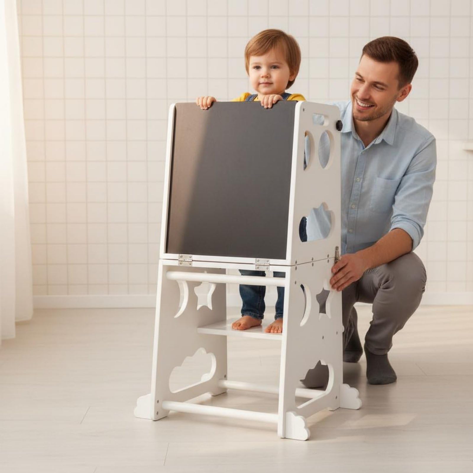 harayaa Taburete Infantil Plegable Taburete Escalón de Aprendizaje Torre de Aprendizaje Asistente de Cocina Diseño Plegable para Ahorrar Espacio y Bordes, Madera Natural