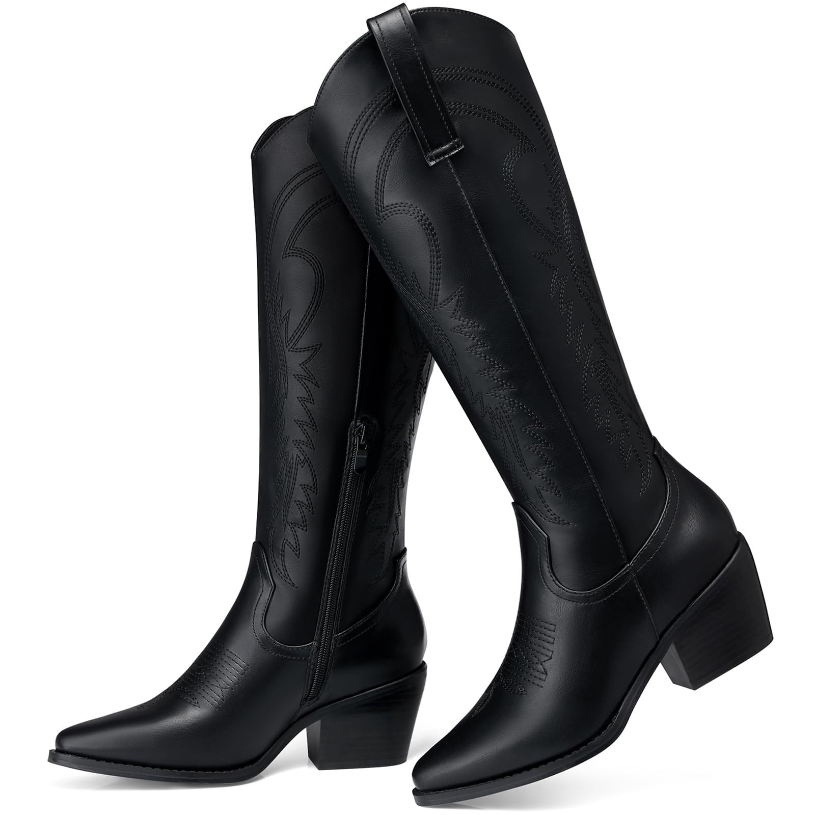 TEMOFON Cowboy Boots for Women Cowgirl Knee High Pointed Toe Chunky Heel Wide Calf Booties with Side Zipper