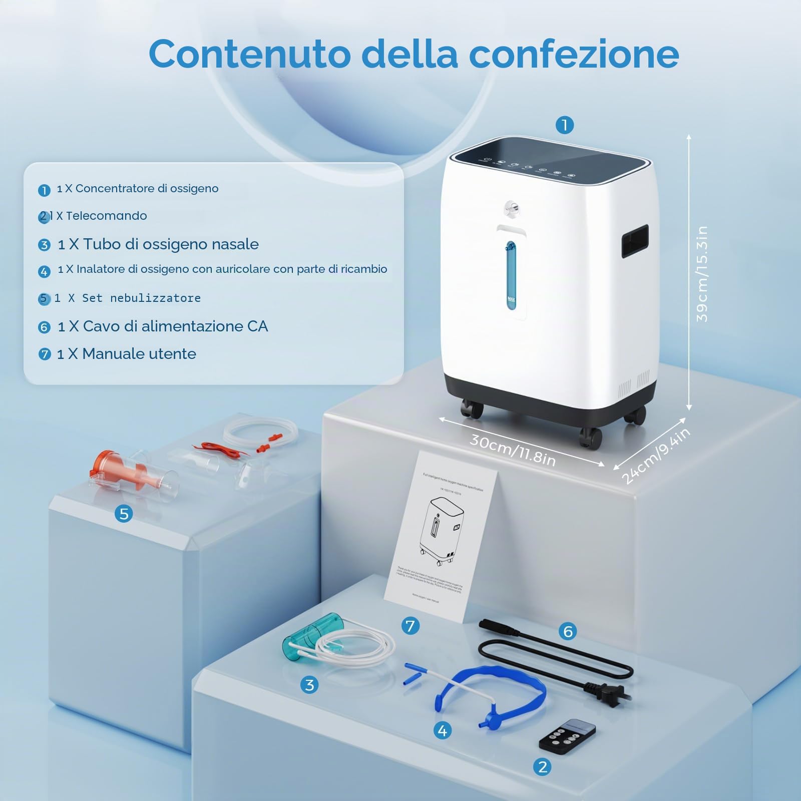Concentratore di ossigeno portatile, concentrato di ossigeno Xandoril per uso domestico, 90%, 1-7 l/min, dispositivo di ossigeno, concentratore di ossigeno portatile, concentrato di ossigeno con