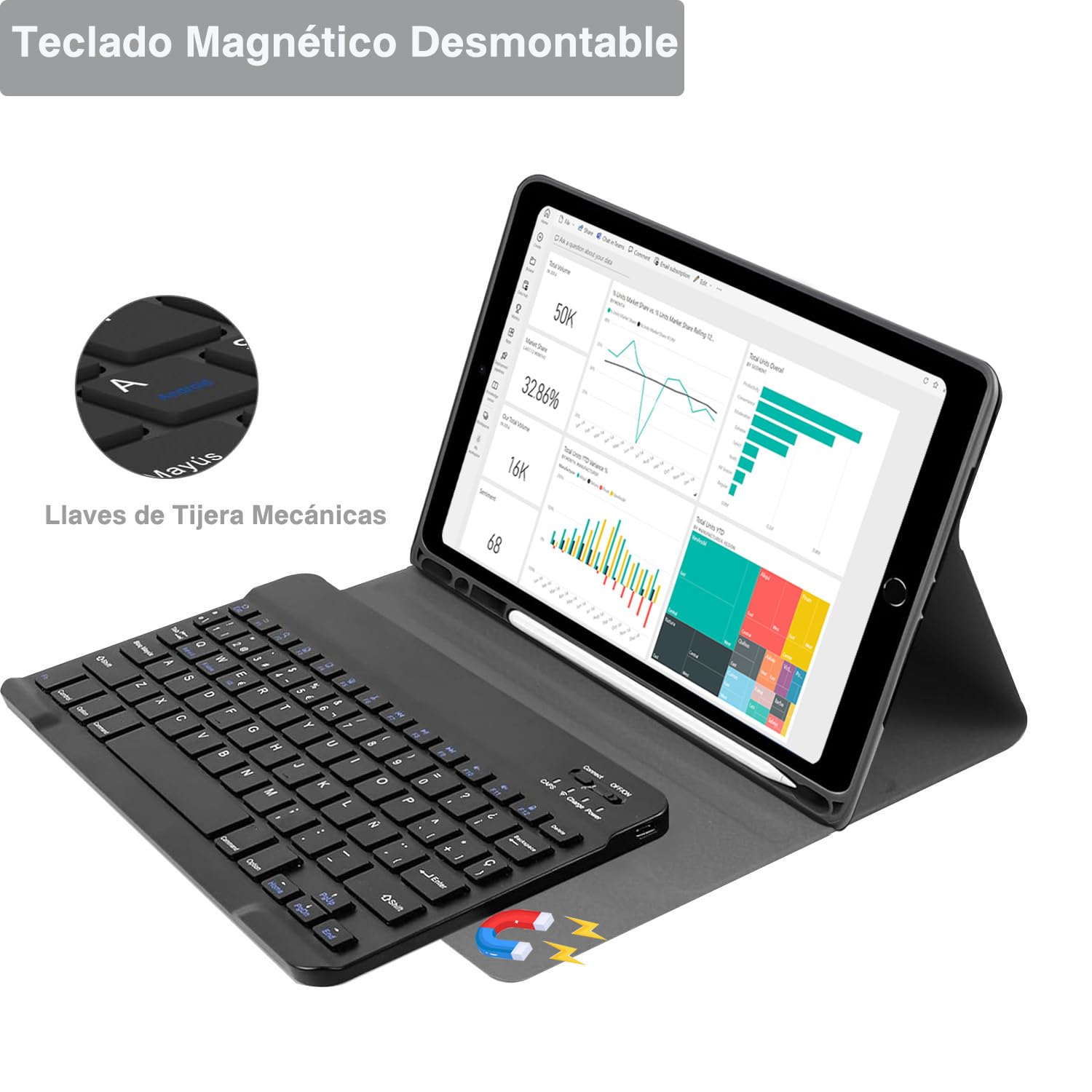 Funda con Teclado iPad 9/8 /7 generacion 10.2”/Air 3 10.5"/Pro 10.5”, Español Ñ QWERTY Bluetooth Desmontable, Funda Teclado para iPad 10.2 9th Gen 2021/ 8th 2020/ 7th 2019, Negro