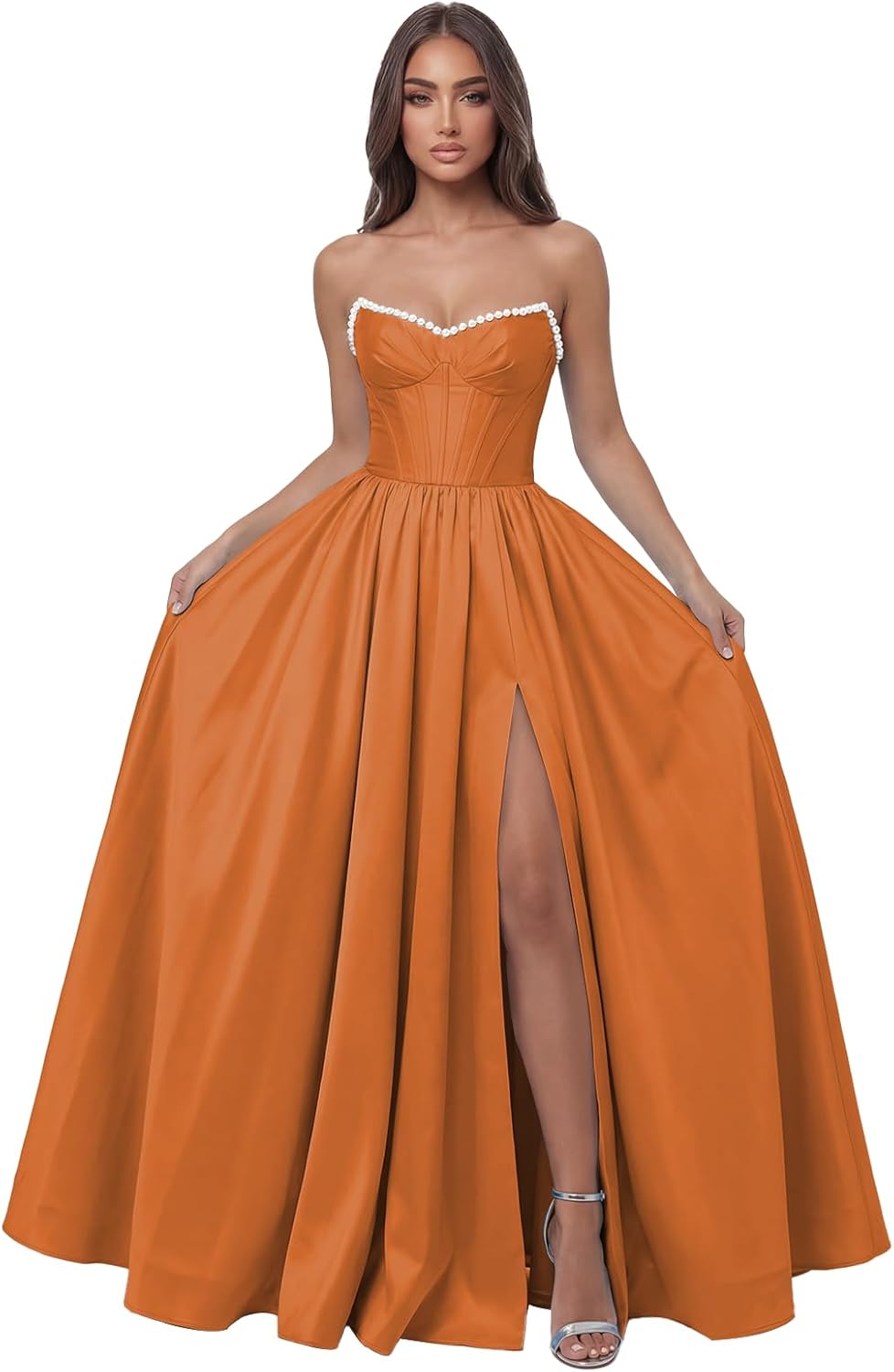 Long Satin Strapless Pocket Prom Dresses for Teens 2026 Orange Sweetheart Formal Gowns A Line Ruched Pearl Corset Sweet 16 Dress with Slit Size 12