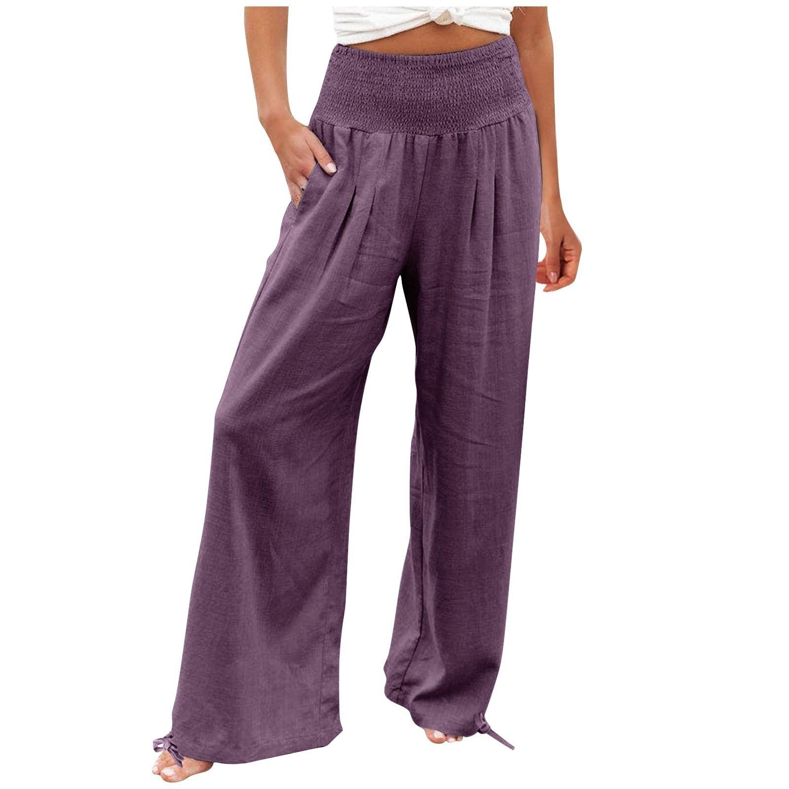 Women's Cotton Linen Wide Leg Pants with Pockets Tummy Control Youga High Waisted Sweatpant Palazzo Lounge Trousers(#01 Purple,X-Large