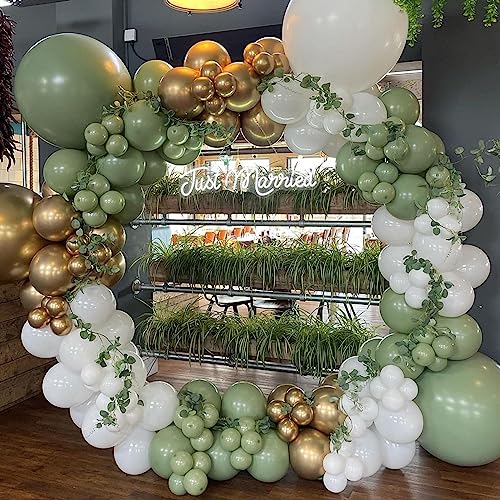 Image of Sage Green Balloons, 113PCS Retro Olive Green Balloon Garland Arch Kit 5 /10 /12 /18 Inch, Different Sizes Eucalyptus Avocado Green Latex Helium Party Balloons Set for Jungle Safari Birthday Decorations
