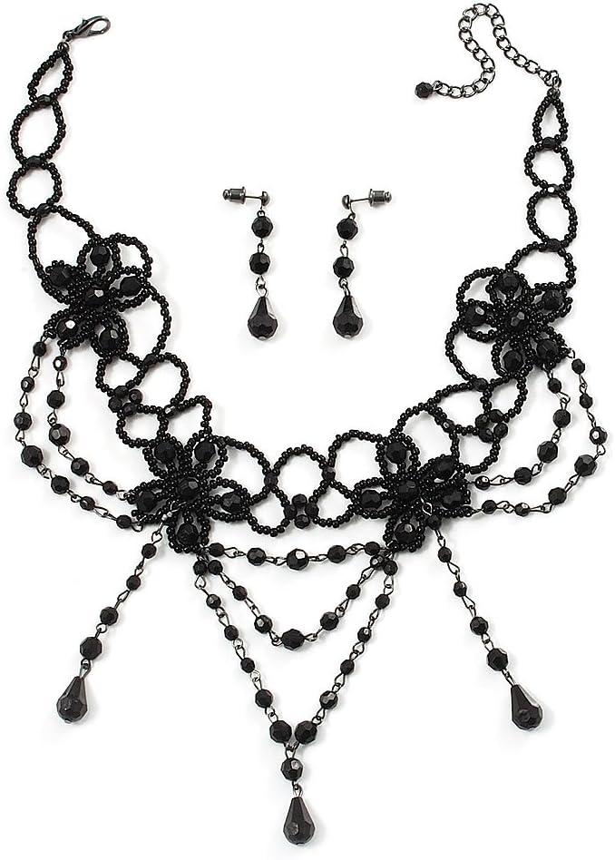 AvalayaVictorian/Gothic/Burlesque Black Bead Choker And Earrings Set