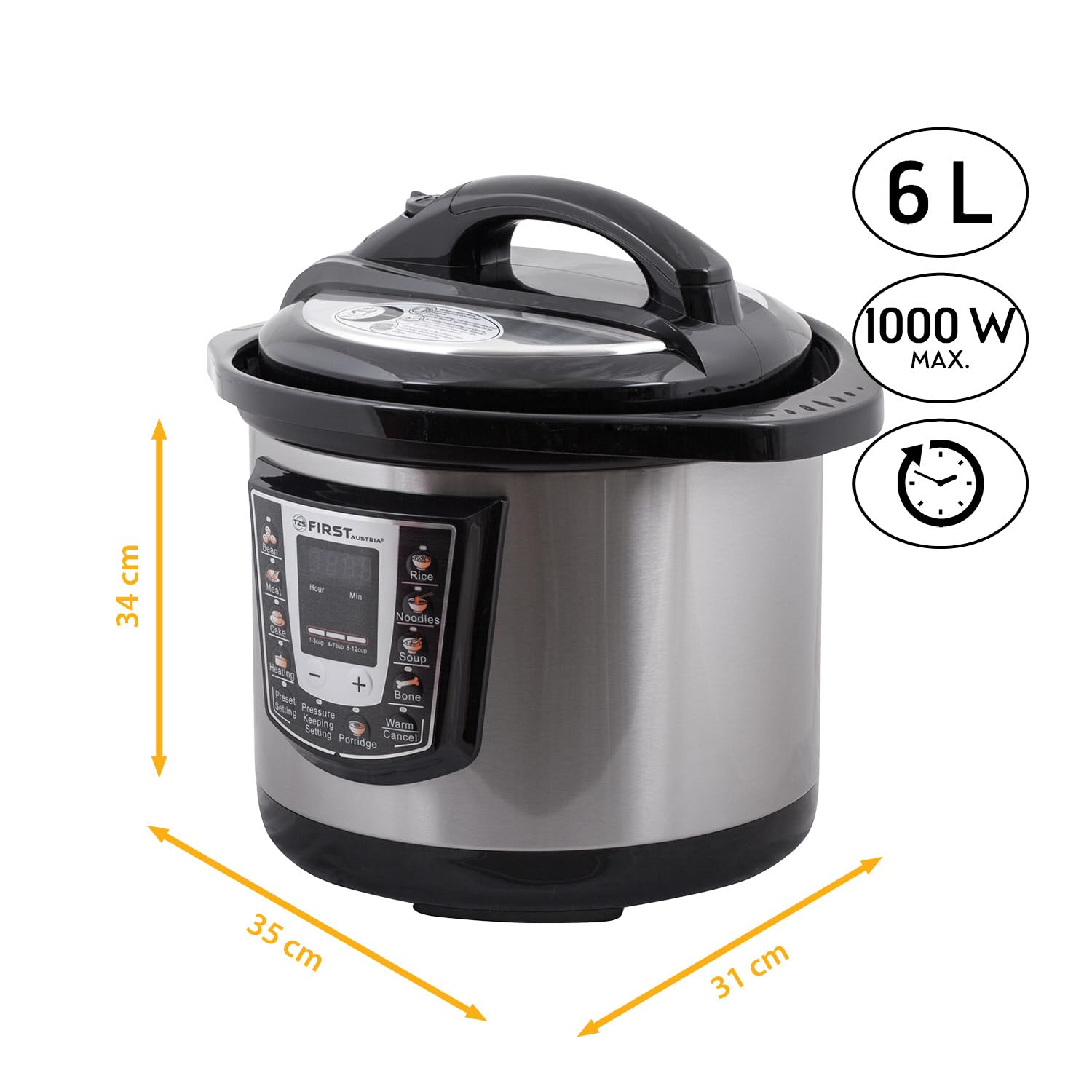 TZS First Austria - Olla a presión eléctrica 6L con 9 programas automáticos - Multicooker 1000W como arrocera, vaporera, Crock Pot, etc. - Multiolla eléctrico a presión
