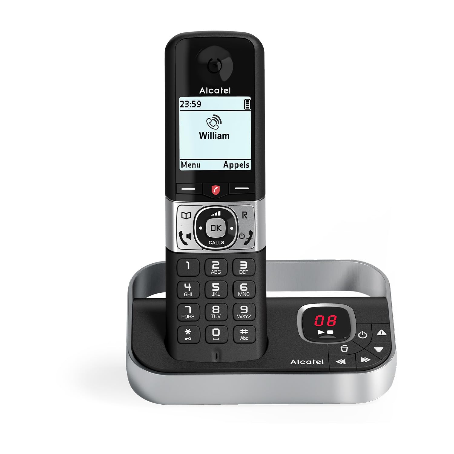 ALCATEL F890 Voice - Téléphone Fixe Sans Fil DECT Avec Répondeur - Écran Graphique Haute Résolution - Mains Libres - Blocage Des Appels - Sonnerie VIP - Répondeur 50 Min - Noir/Gris