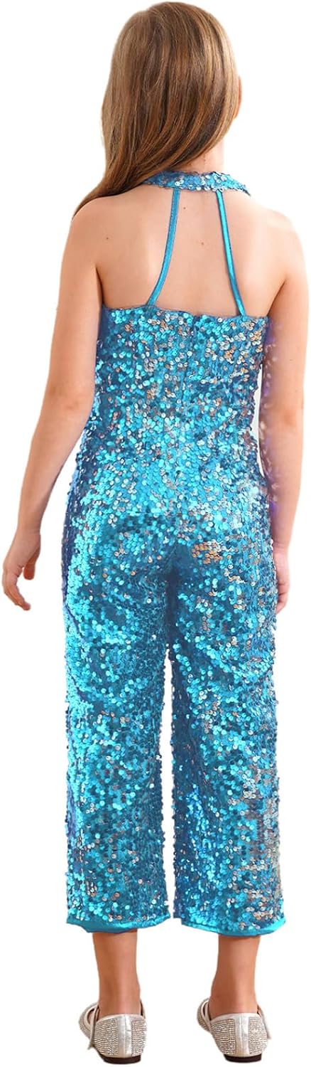 Linjinx Kids Girls Sparkle Romper Jumpsuit One-Piece Halter Neck Wide Leg Catsuit Pageant Birthday Party