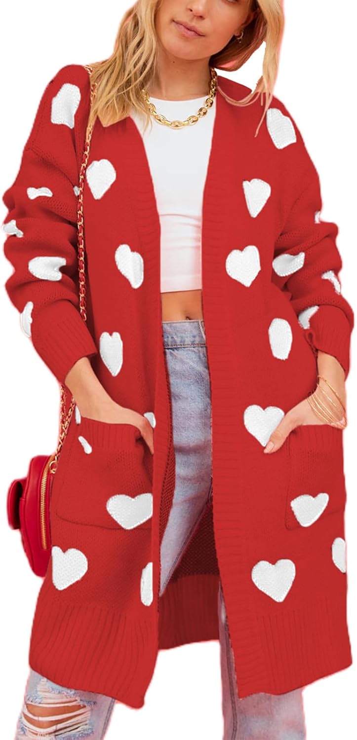 Womens Cardigan Sweaters Love Heart Print Open Front Cardigans Y2K Button Knitted Sweater Outerwear Valentines