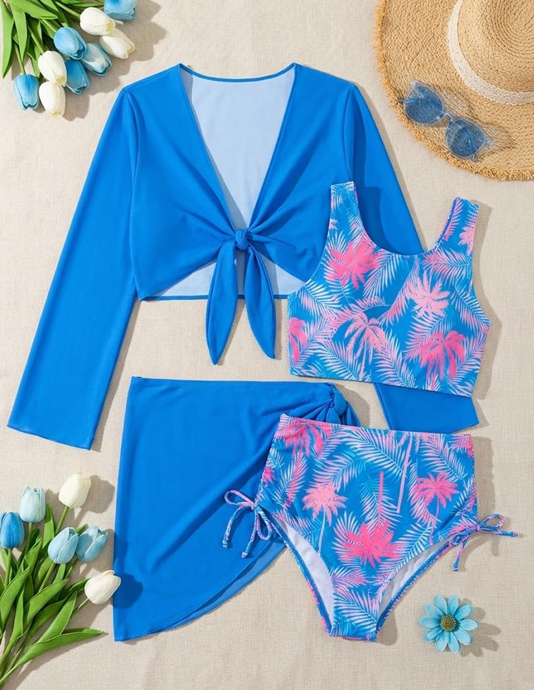 Image of GRACE KARIN Girls Bathing Suit Adjustable Taniki Swimsuit Tie Front 4 Piece Bikini Set with Kimono Cover Up 6-14