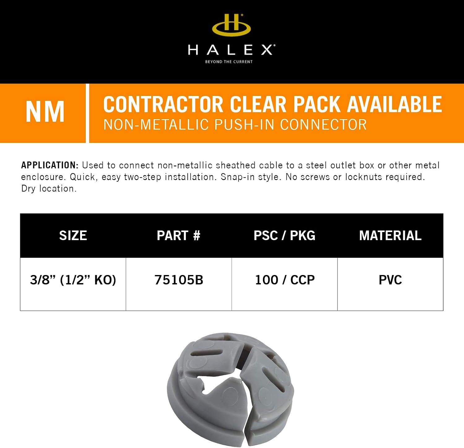 Halex, 3/8 in. - 1/2 in. Knockout Non-Metallic Push-In Connector , 75105B, 100 per pack, Gray, 3/8"