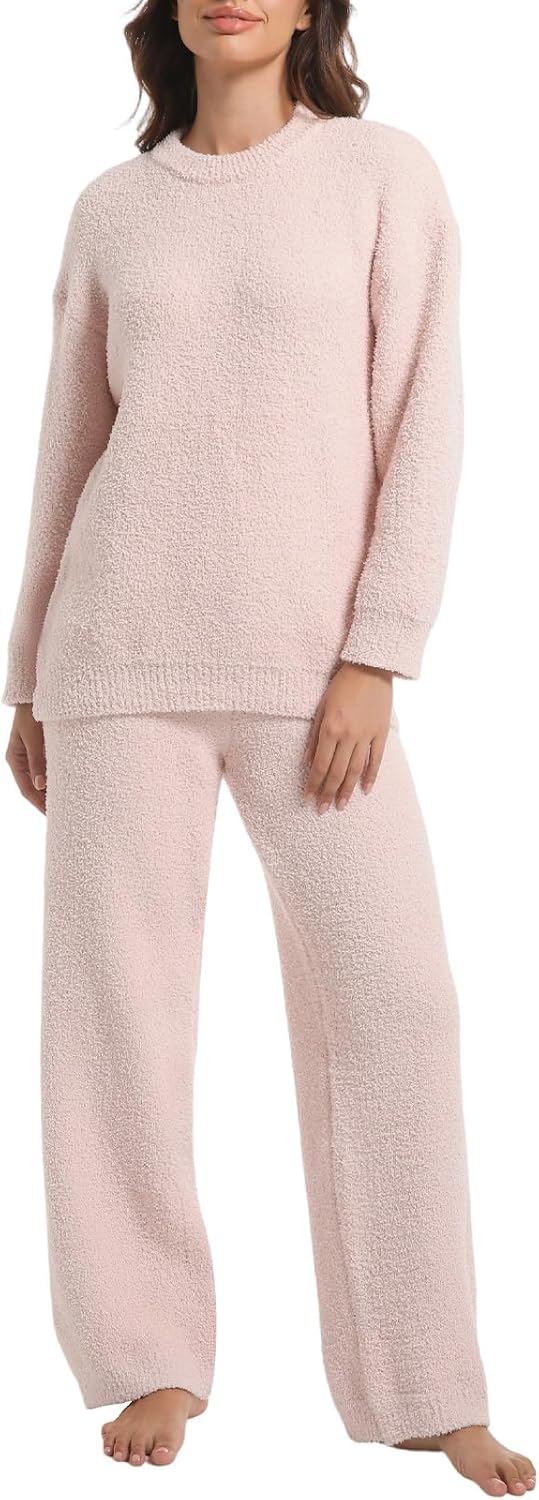 2 Piece Fleece Pajamas for Women Set Loungewear Outfits Knit Sweater Womens Long Sleeve Fuzzy Pajama Sets