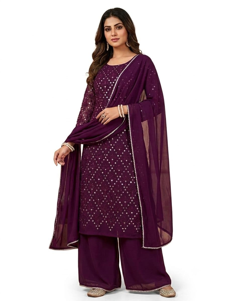 Women’s Magenta Embellished Kurta Palazzo Set with Dupatta | 3 Piece Ethnic Suit Set with Sequin Work & Sheer Sleeves for Wedding, Festive-image-23