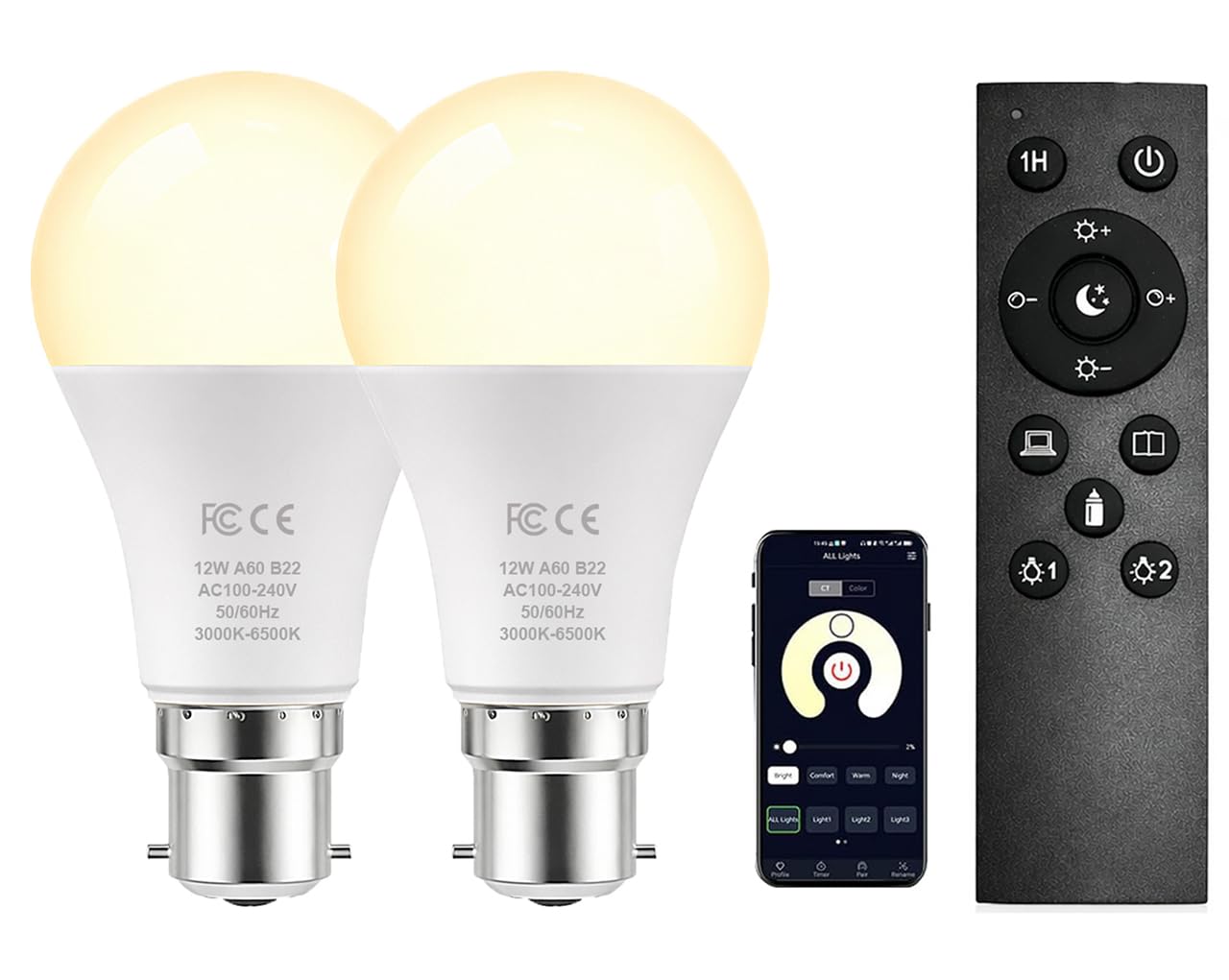 AILMING B22 A60 LED Light Bulb 12W Equivalent 100W Incandescent Lamp 2.4GHz Remote Control Light Bulbs 3000-6500K Dimmable for Home Decor, 2 Bulbs with Remote