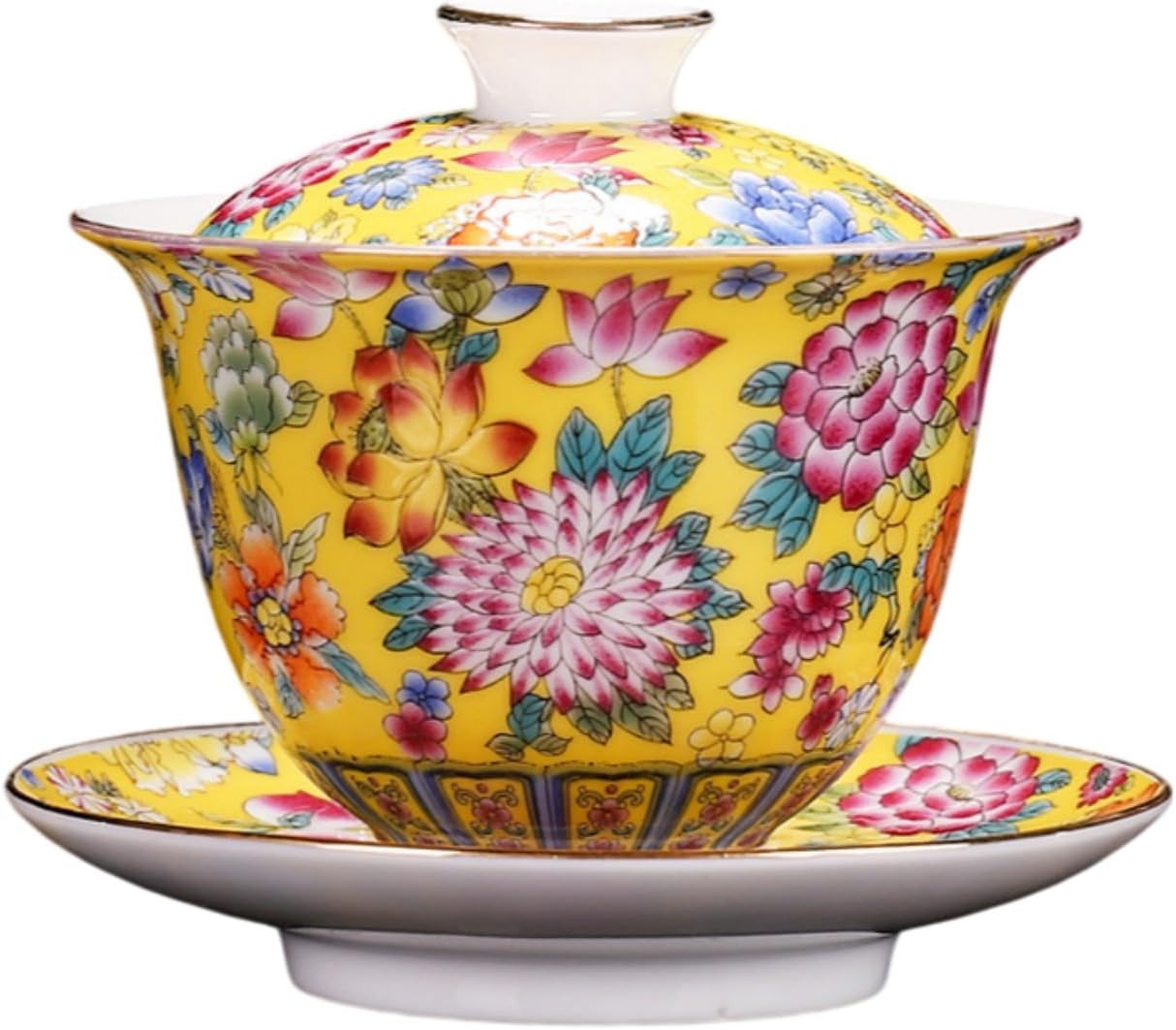 仿古陶瓷万花盖碗茶具扒花珐琅彩大 Ceramic Kung Fu Tea Set,teapot,Teacups,warming Wedding Birthday Gift,Tea Tray Chinese,Dishwasher Safe 黄色