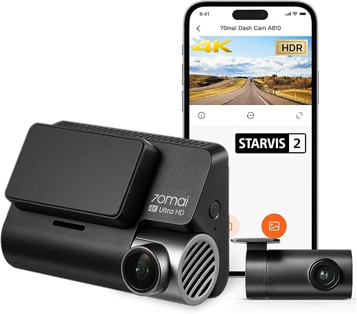 70mai A810 True 4K HDR Dual Dash Cam, Built-in GPS Logger, ADAS, Sony Starvis2 IMX678, 150° Wide, Optional Parking Mode wi...