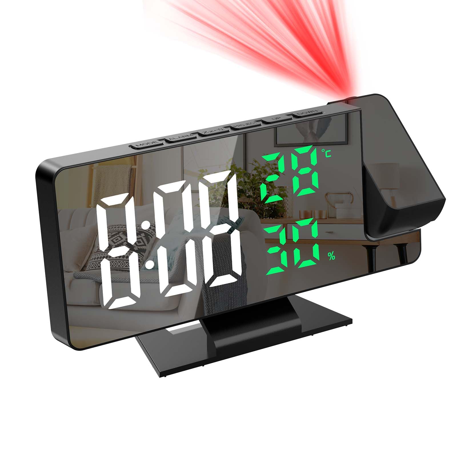 BrifitProjection Alarm Clock, Digital Alarm Clock with Projection 180°, Projection Clock with Temperature and Humidity, LED Mirror Screen, Snooze, Adjustable Brightness, Digital Clock for Bedroom
