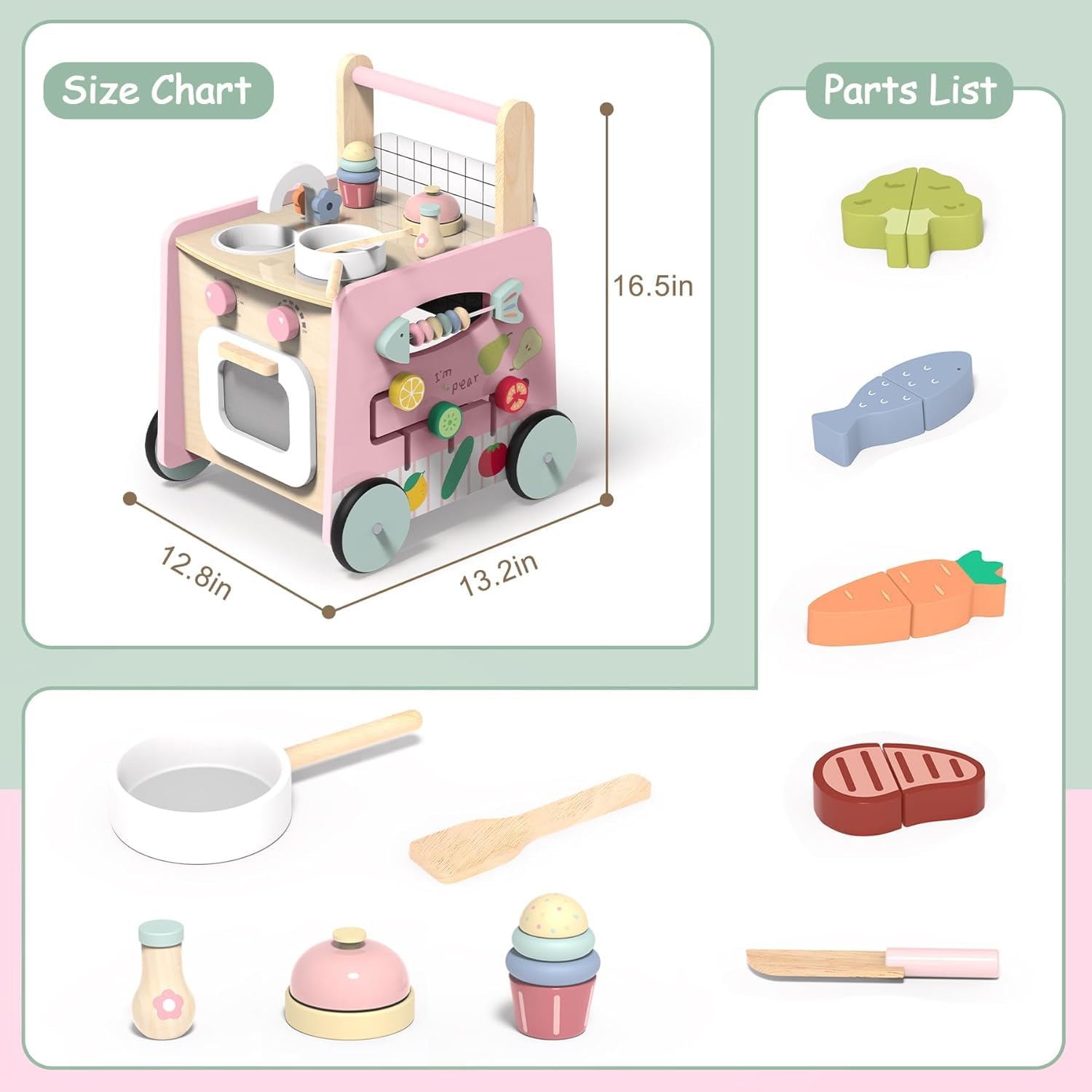 VITONIS Girello per Bambini di Legno, Carrello Primi Passi con 8 Giochi Interattivi, Girello Montessori Push Walker Regalo per Bambini e Ragazze
