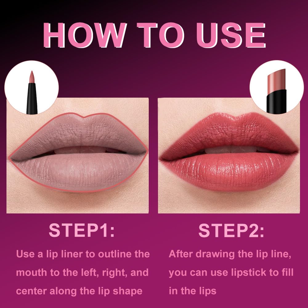 CAKAILA 2Pcs 2 in 1 Matte Rose Lip Liner and Lipstick Combo Set for Women,Lipstick Stain Lip Liner for Daily & Party Long Lasting Waterproof Smudge Proof 24 Hour Full Coverage Vegan Lip Makeup Kit image 3