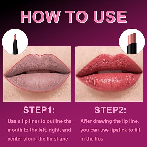 Vista 31 de Juego de 2 delineadores de labios y lápiz labial 2 en 1 mate rojo marrón para mujer, delineador de labios para uso diario y fiesta, de larga 2