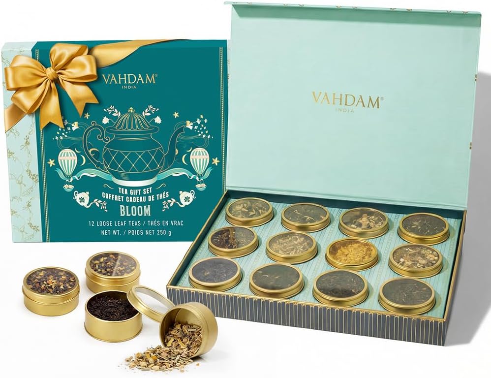 VAHDAM, Bloom - Assorted Tea Gift Set (12 Loose Leaf Tea) Tin Caddy Presentation Box | Gluten Free, Non GMO | Tea Gift Set for Women & Men