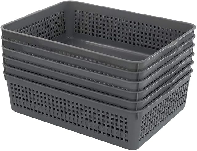 Bringer Plastic A4 Paper Storage Basket Trays, Set of 6, Grey