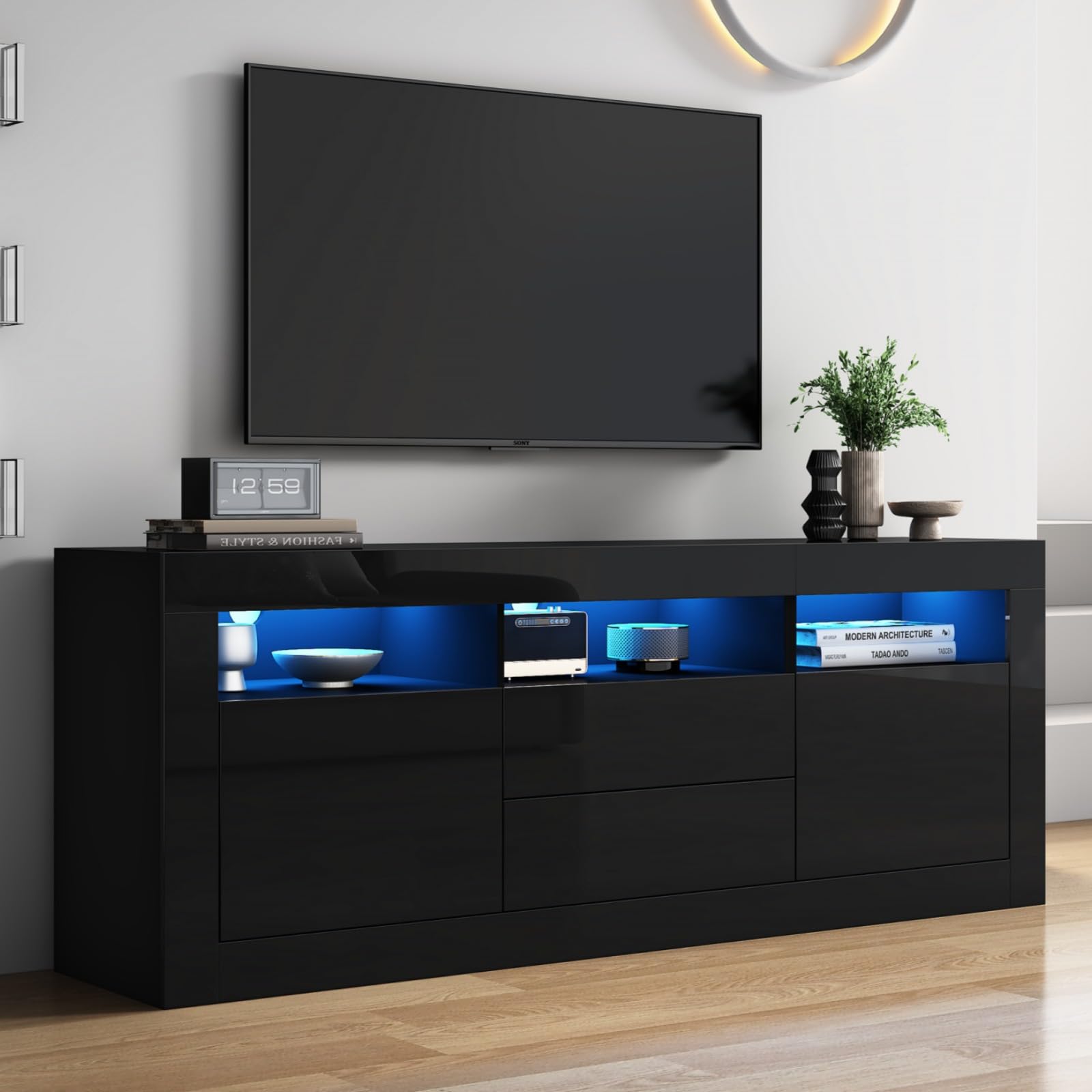 KOMHTOM Meuble TV 160 cm Longueur Noir avec LED et Rangement Table Television Salon avec Deux tiroirs et Portes Meuble de Salon Moderne (Noir, 160 x 35 x 60 cm)