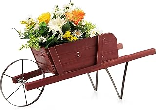 HAPPYGRILL Wooden Wagon Planter, Small Flower Plant Pot w/Triangular Metal Support, 2 Energy-Saving Handles, Movable Wheel, Wood Wheelbarrow Cart Planter for Garden Backyard Holiday (Red)