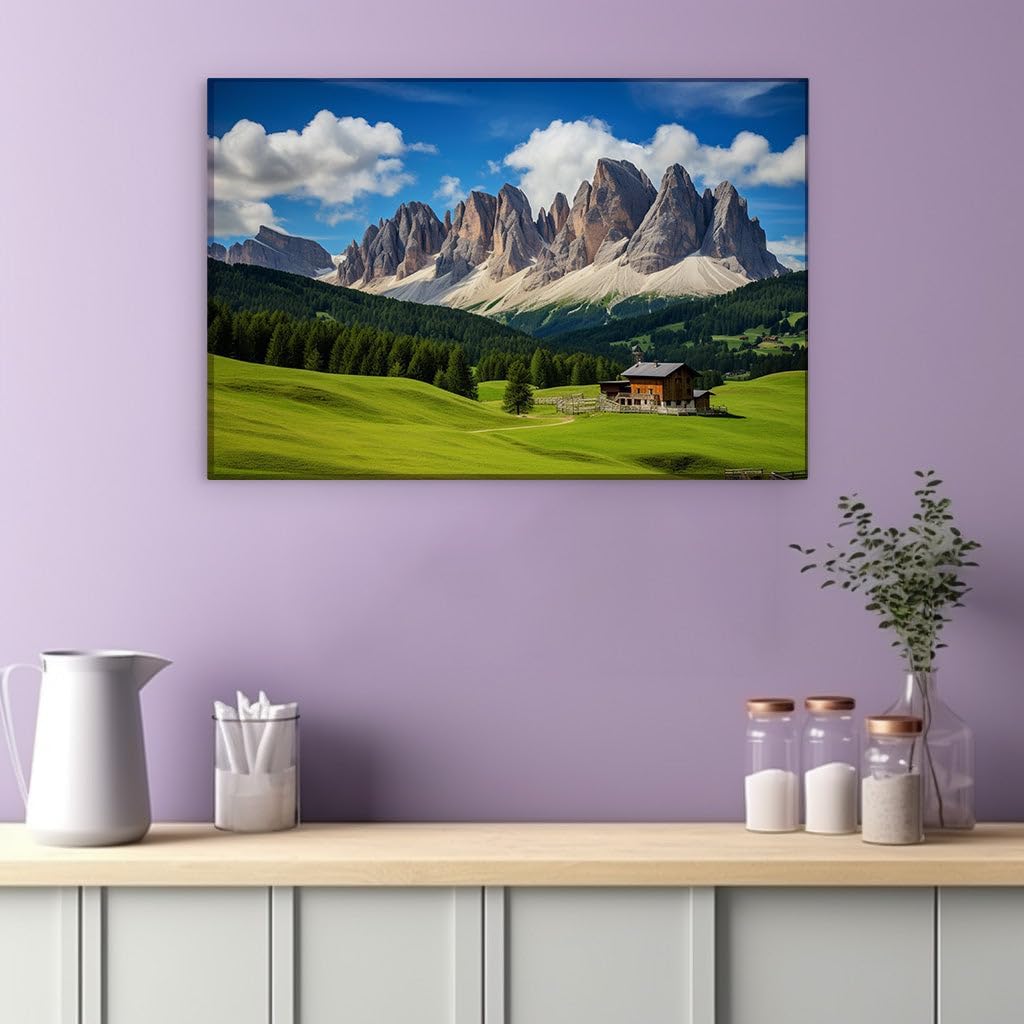 Canvas for Living room. Whispering Peaks and Serenity: Embracing the Idyllic Landscape of Snow-Capped Mountains and Verdant Fields, 27 x 18 inch Canvas Wall Art - Modern Home Decor