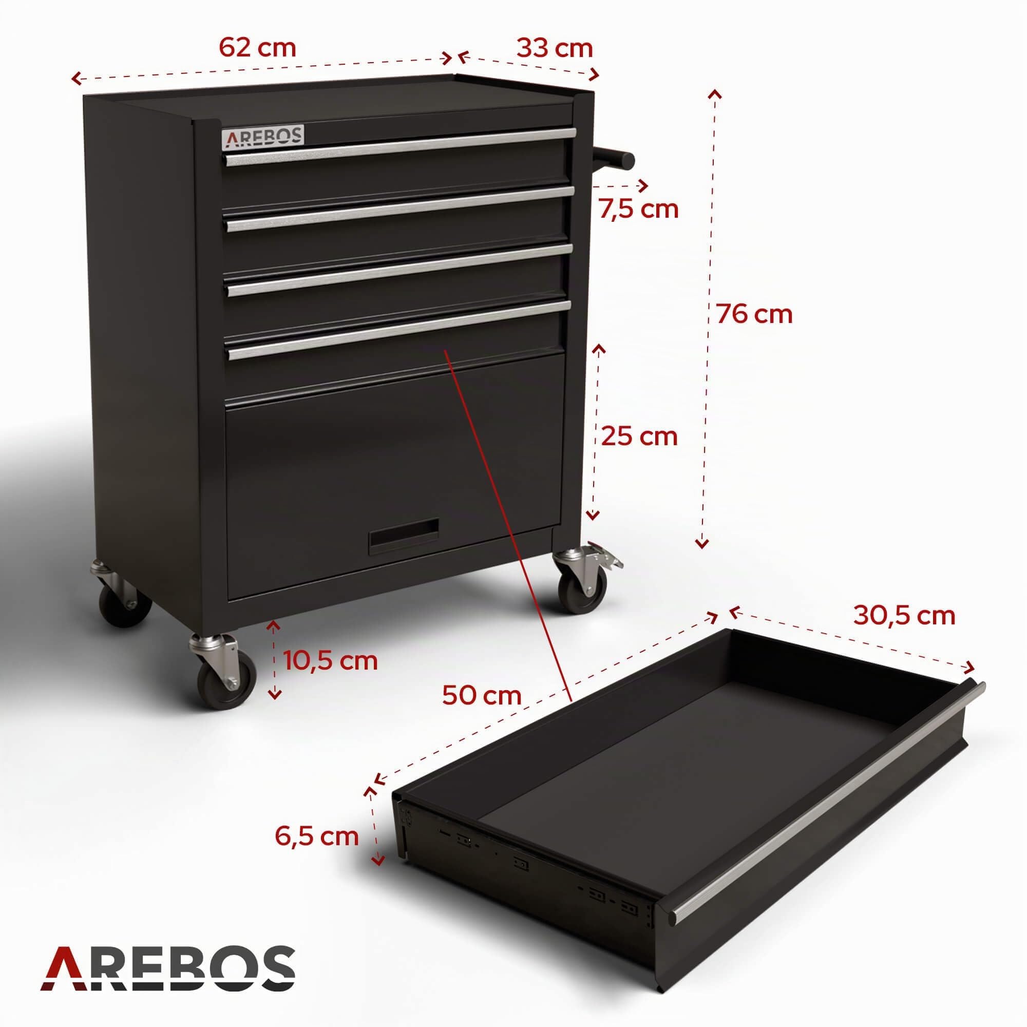 Arebos Carro de Taller 4 Compartimentos | 2 Ruedas con de estacionamiento | Espacio para Las Herramientas de un mecanico de Taller | Incl. Alfombrillas Antideslizantes | Negro