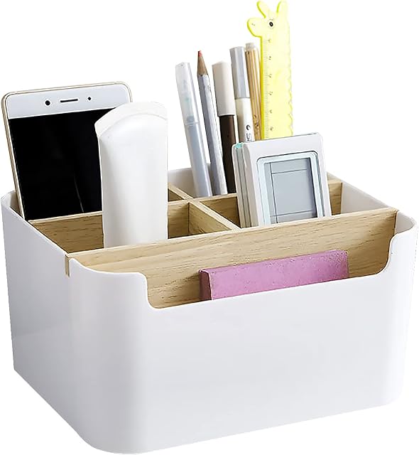 Desk Organiser,Desktop Storage Box Wooden Desktop Organiser Desk Multifunctional Organiser Desktop Pen Organiser for Office School,Office Organiser for Desk Stationery Storage Box White