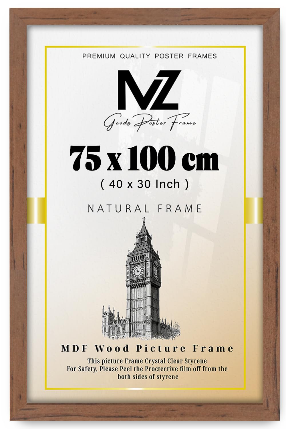 MZ GOODS | MDF Poster Frame (75 x 100 CM) 100 cm x 75 cm for Abstract Art, Prints & Room Interiors, Sturdy MDF Build, Easy Mounting Hooks [ Walnut ]