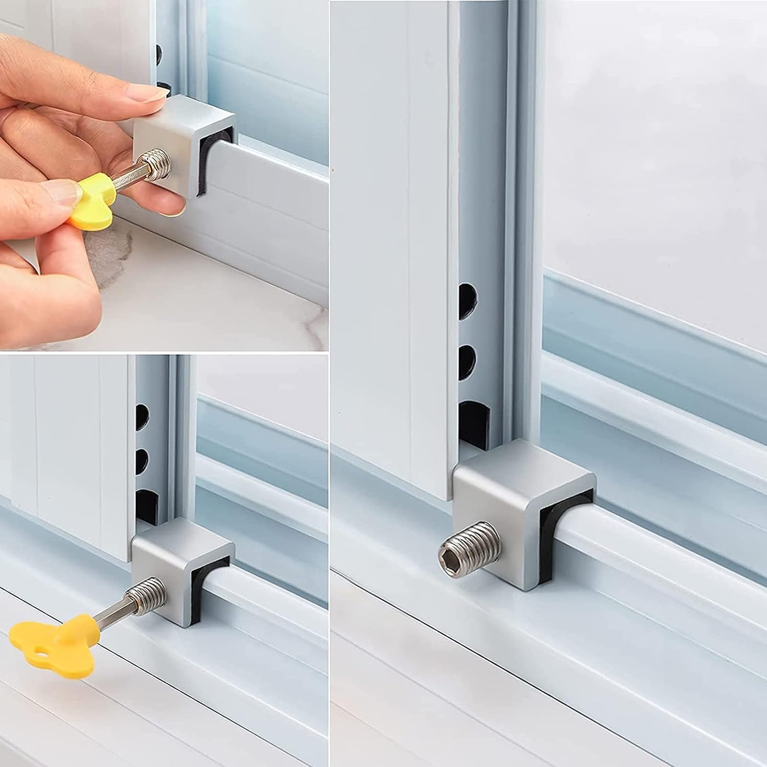 Ncry Sliding Window Locks - Adjustable Security Lock Stoppers With Key for Vertical and Horizontal Slide Windows - Childproof Safety Clamps (4 Sets, Aluminium) 3