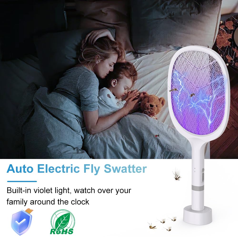 DANGZW Raquette Moustique Electrique, 4800V Raquette Electrique Insectes 2en1 avec Base de Charge USB, Batterie Rechargeable 1800mAh & LED UV, Raquette Anti Moustique Electrique pour Chambre, Camping