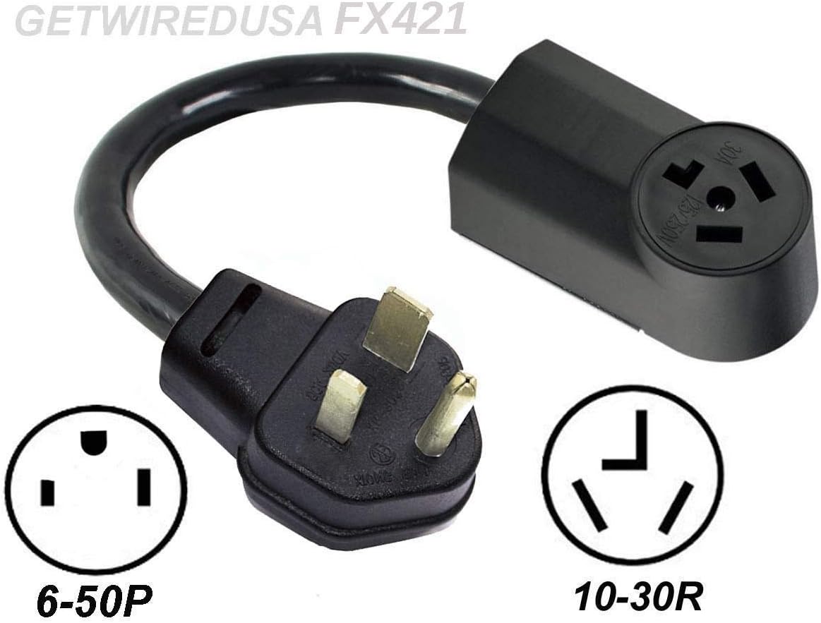 Universal EV Electric Car Charger Adapter 220/250V Cable, 6-50P 3-Pin Male Plug To 10-30R 3-Pin Female Receptacle Outlet, Level 1 & 2 Vehicle Charging Converter Connector Cord NEMA EVSE FX421EV