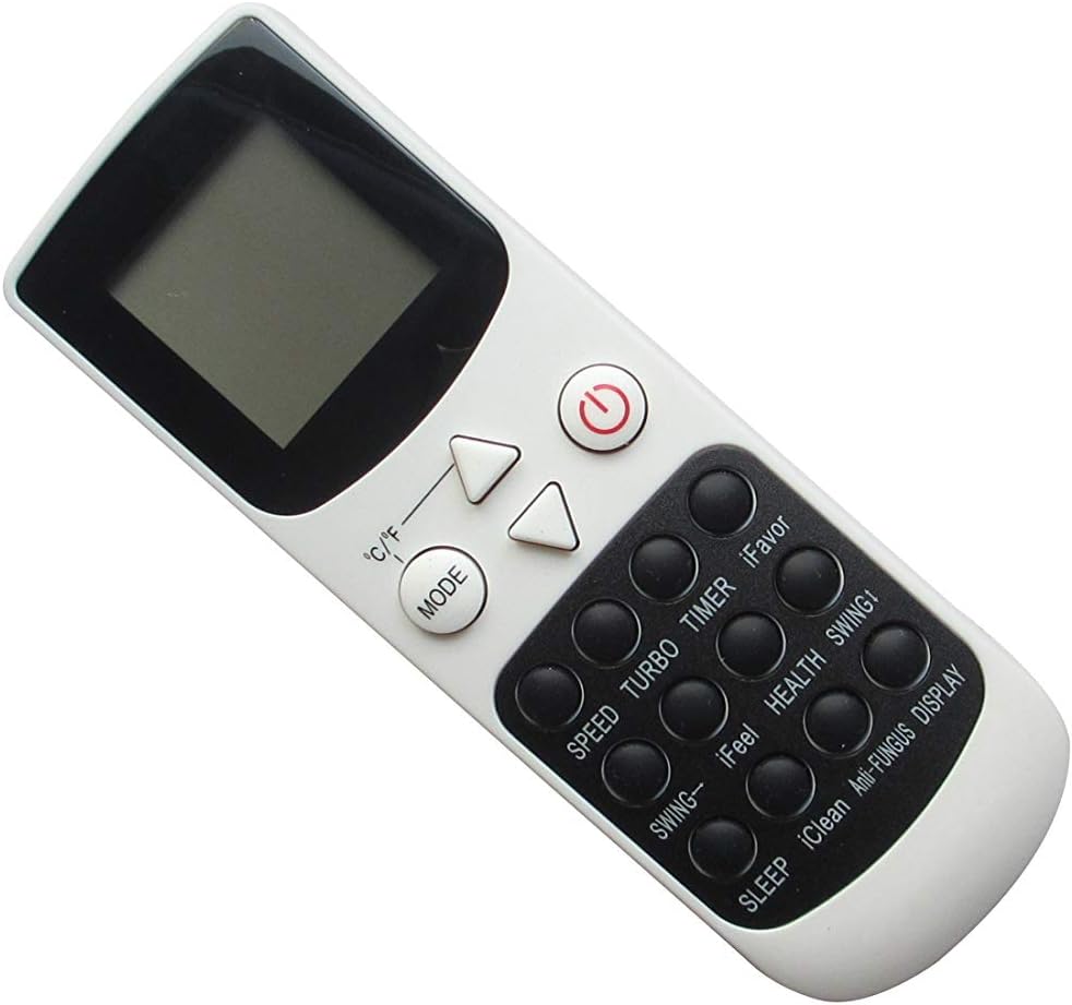 Front view of the remote control, showing the display screen and various buttons for air conditioner functions.