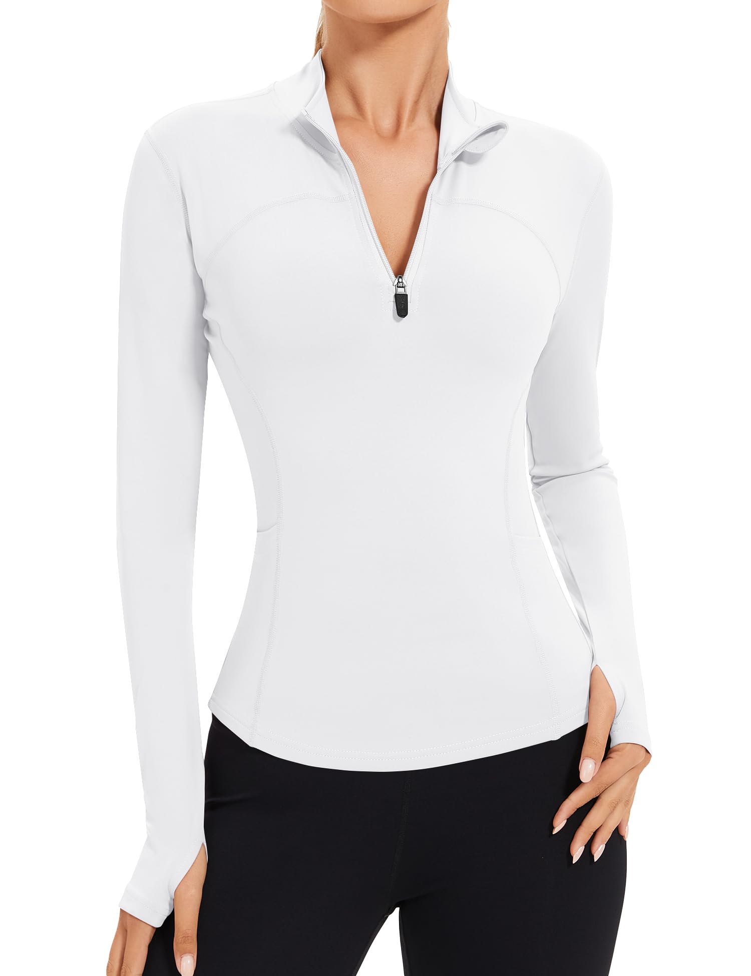 IECCP Damen Laufjacke Sportjacke Langarm Gym Sportshirt Yoga Fitness Crop Tops mit Zwei Taschen Leicht Laufen Oberteil mit 1/4 Reißverschluss und Daumenloch