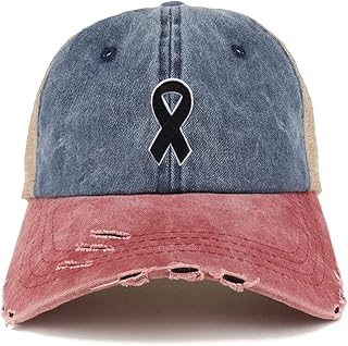 Trendy Apparel Shop Melanoma Awareness Black Ribbon Patch Frayed Bill Trucker Mesh Back Cap - Navy Wine