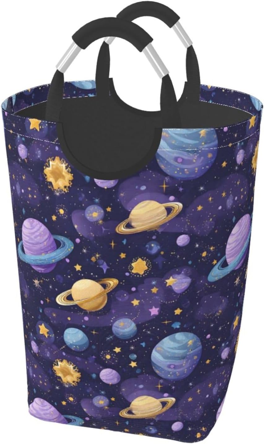Stardust Neon Planets Foldable Dirty Laundry Bag, Waterproof Oxford Fabric With Pe Board Base, 50l Capacity For Home & Travel
