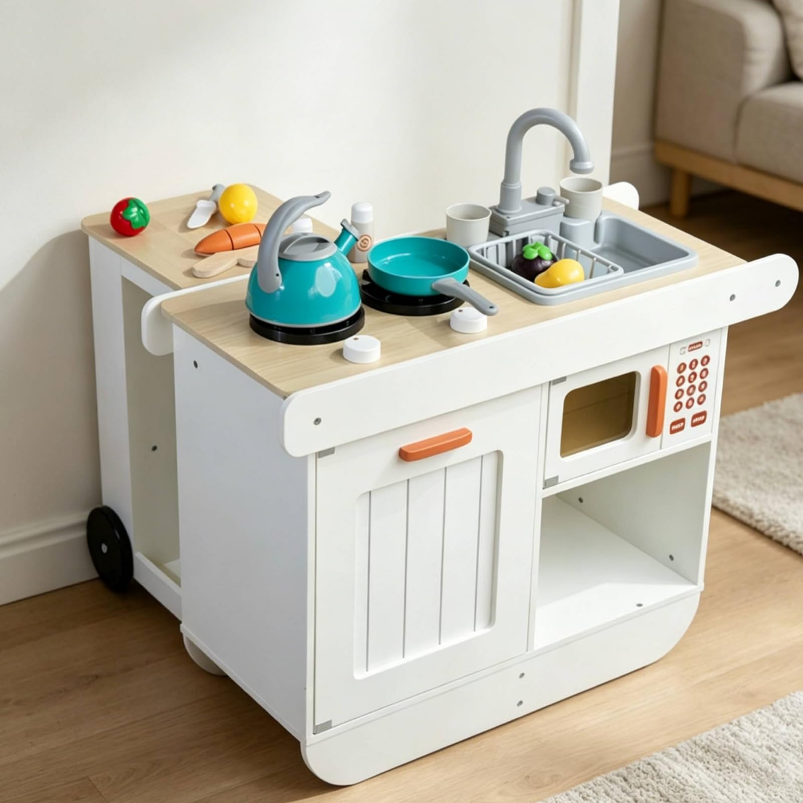 Kinder Spielküche Holz Spielküche Kinderküche Küchenwagen Rollbar mit Spülbecken Herdplatten Und Ofenfach für Rollenspiel Kinderzimmer Zuhause