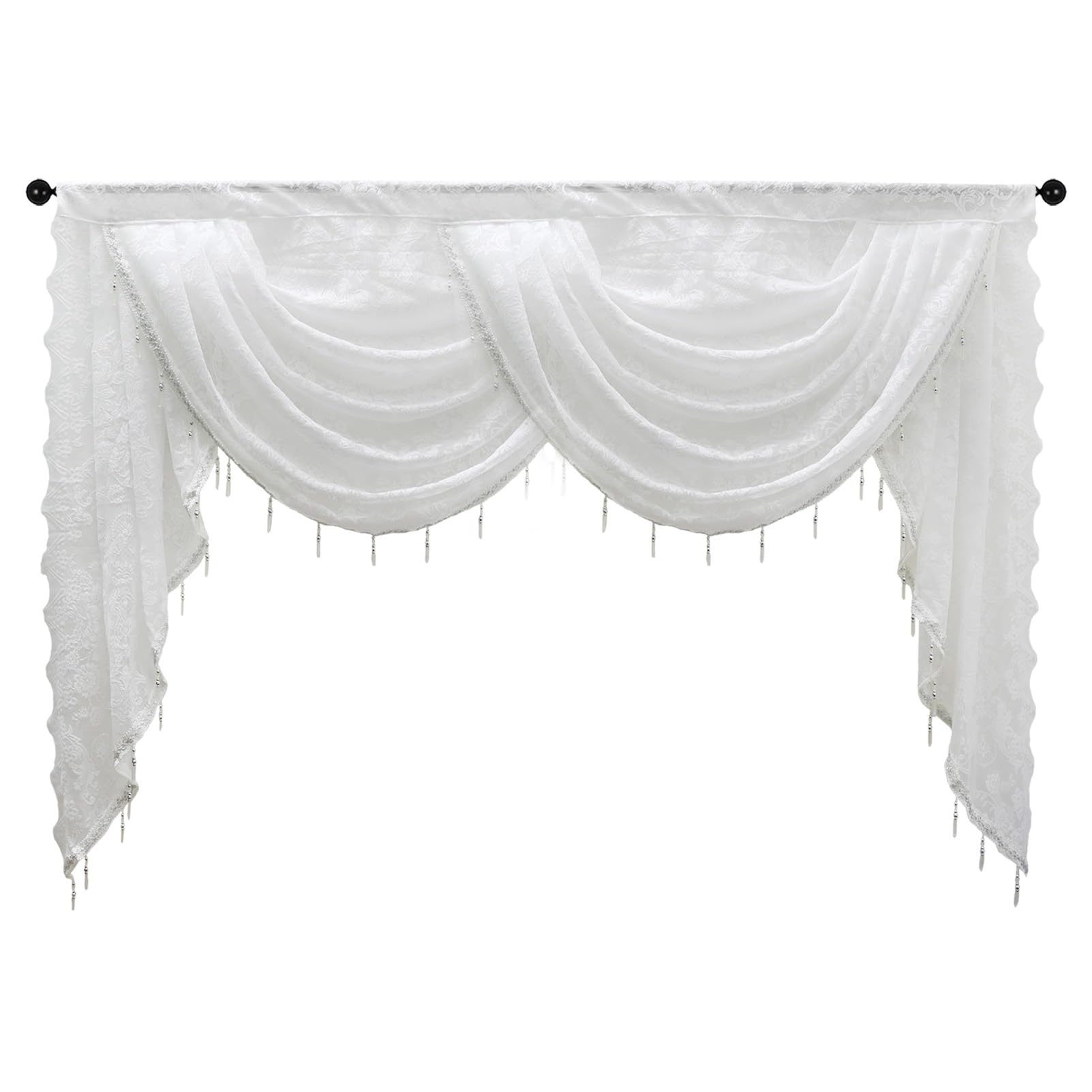 apott White Swag Valance for Windows Waterfall Valance Curtains Beaded Voile Swags Small Lace Drapes for Living Room Bedroom Party 59x 41 Inch