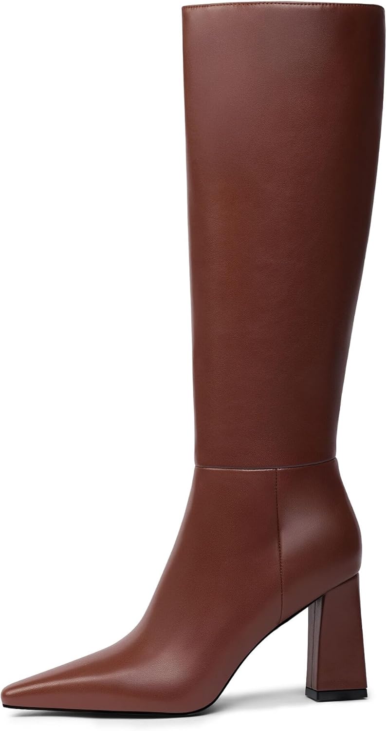 Meolee Knee High Boots for Women Chunky High Heel Long Boots Pointed Toe Leather Boots with Side Zipper