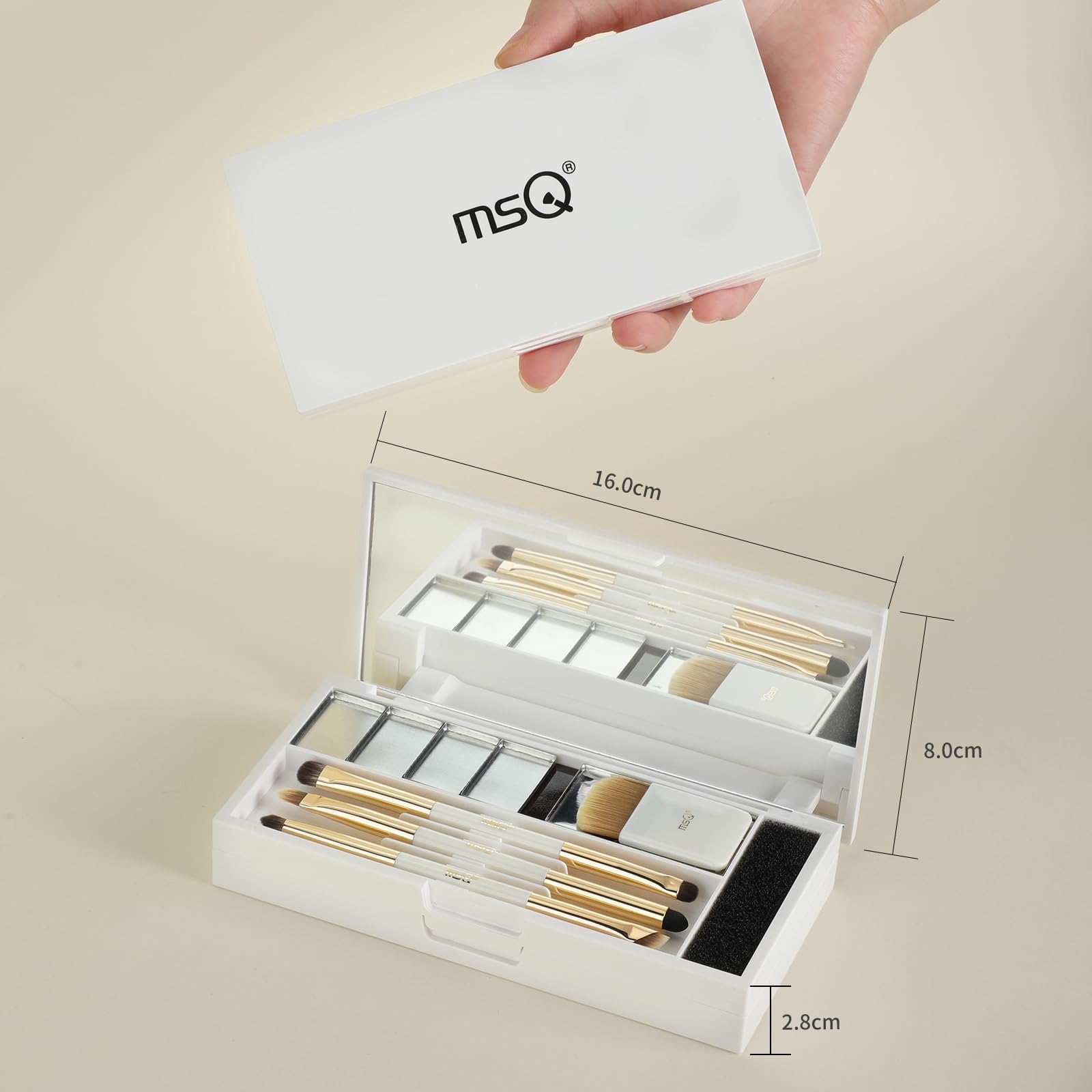MSQ Juego de 7 pinceles de maquillaje doble extremo,1 pincel de ultrafino | Caja de esponja de limpieza de pinceles de maquillaje con espejo de maquillaje