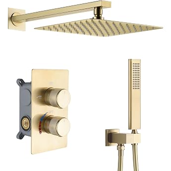 RONMX RSS0390 Flush-Mounted Shower System, 10 in/12 Inch Brushed Gold Shower Set, Square Rotating Shower Head Made of 304 Sta