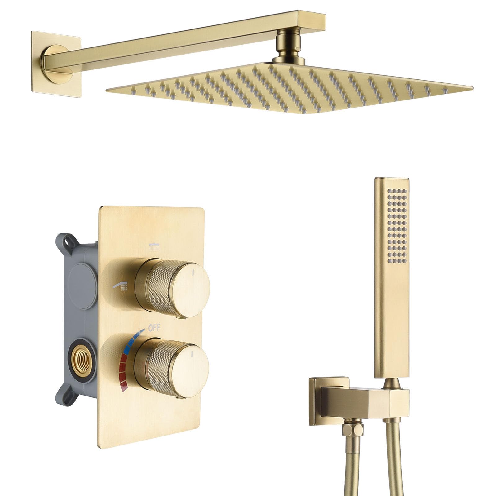 Ensemble de douche doré brossé avec colonne encastrée et douchette