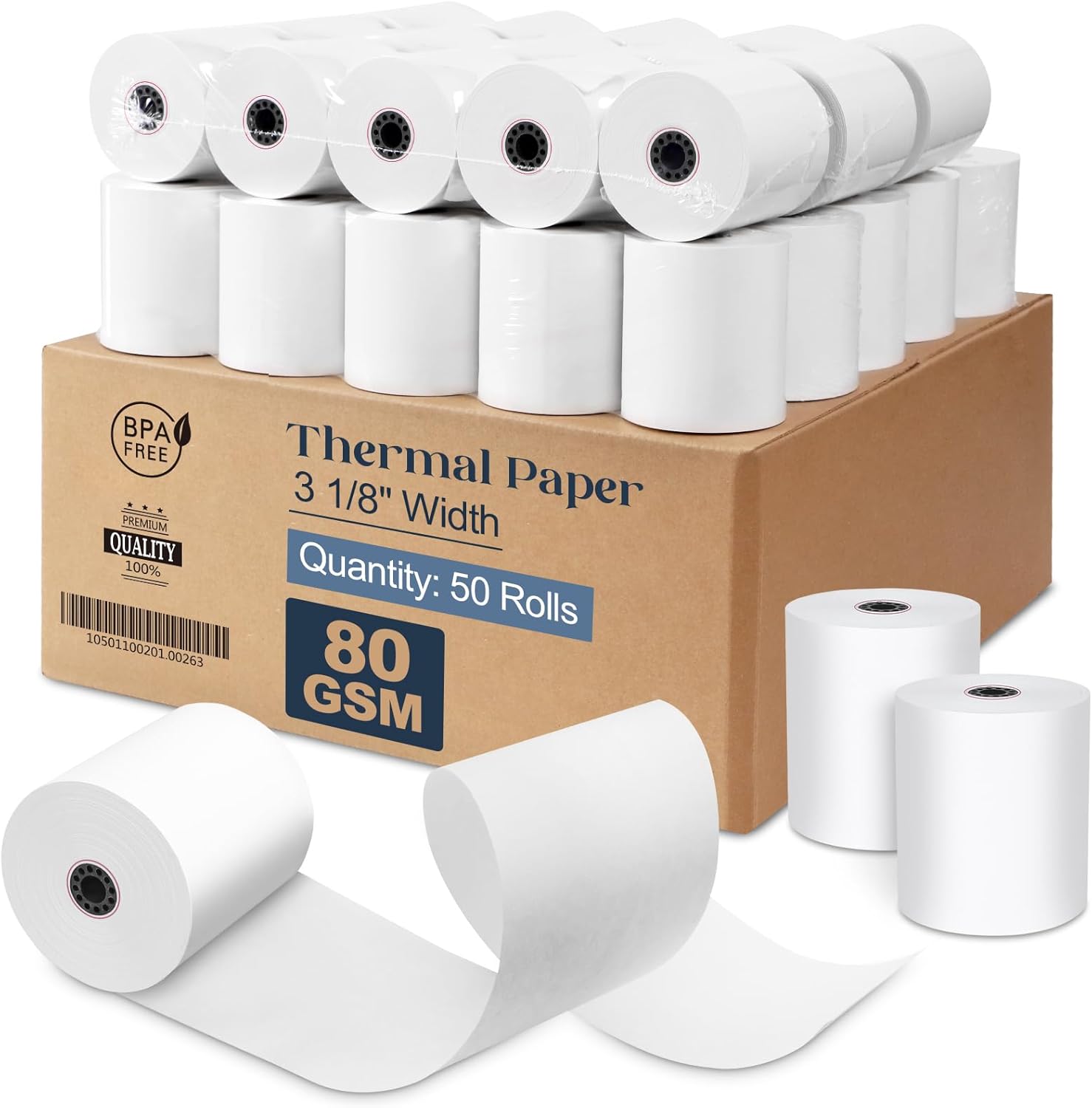 3 1/8 x 230 Thermal Paper Rolls - BPA Free, 50 Rolls, 80 GSM, Smooth Printing for POS/Register